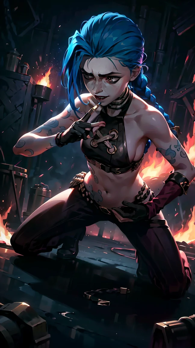 (masterpiece, Best quality), 1 girl, portrait, very sexy, crazy look, smile, crying, pink tears, tears on the cheeks, tears from eyes, full length (full body 1.1.), очень feminine, fighting stance, battle, fire, explosions, burning city, Beautiful waist, gloomy composition, flame, fire, Flash, very beautiful, feminine, long hair, hair braided in long braids, very sexy, tight leather pants, emphasis on the eyes, emphasis on the face, Beautiful face, hands, hair, haired ponytail, red purple eyes, Джинкс crying, Blue cloud tattoo, (masterpiece, Best quality), Side lighting, beautiful detailed eyes, crazy face), (Best quality), (masterpiece), magic photography, Spectacular lighting, photorealism, ultra detailed, интимная portraitная композиция, 1. 4,8 K UHD, aesthetic, Cd., a high resolution, 8 K, Better lighting, Best shade, Ultra-HD, a high resolution, Sharp Focus, Complex background, cinematic lighting, ((Landscape view)), 4K block, (Better lighting), ((cinematic lighting)),
