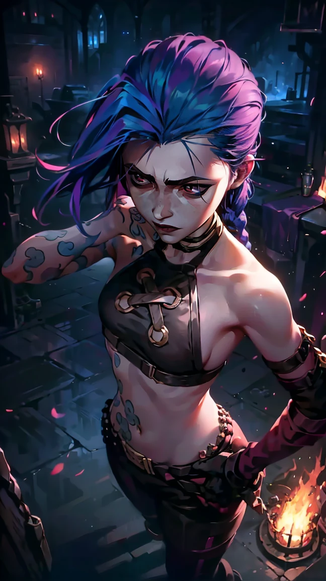 (masterpiece, Best quality), 1 girl, portrait, very sexy, crazy look, smile, crying, pink tears, tears on the cheeks, tears from eyes, full length (full body 1.1.), очень feminine, fighting stance, battle, fire, explosions, burning city, Beautiful waist, gloomy composition, flame, fire, Flash, very beautiful, feminine, long hair, hair braided in long braids, very sexy, tight leather pants, emphasis on the eyes, emphasis on the face, Beautiful face, hands, hair, haired ponytail, red purple eyes, Джинкс crying, Blue cloud tattoo, (masterpiece, Best quality), Side lighting, beautiful detailed eyes, crazy face), (Best quality), (masterpiece), magic photography, Spectacular lighting, photorealism, ultra detailed, интимная portraitная композиция, 1. 4,8 K UHD, aesthetic, Cd., a high resolution, 8 K, Better lighting, Best shade, Ultra-HD, a high resolution, Sharp Focus, Complex background, cinematic lighting, ((Landscape view)), 4K block, (Better lighting), ((cinematic lighting)),