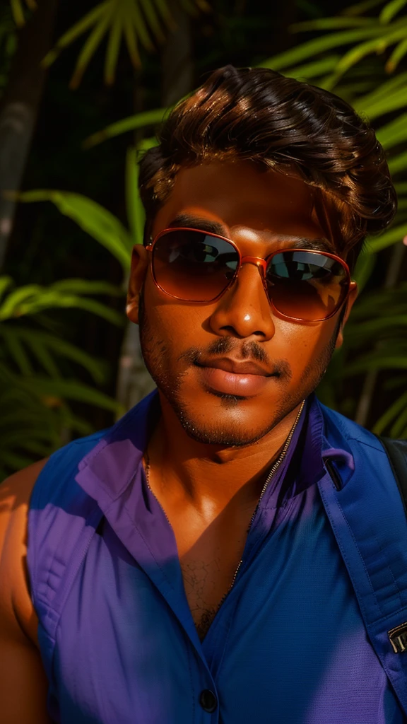 there is a man wearing sunglasses and a backpack posing for a picture, with accurate face, with sunglass, jayison devadas style, jayison devadas, wearing orange sunglasses, portait photo profile picture, profile picture, with lovely look, profile pic, with sunglasses, harsh good looking face, ayan nag, very very low quality picture background foggy forest