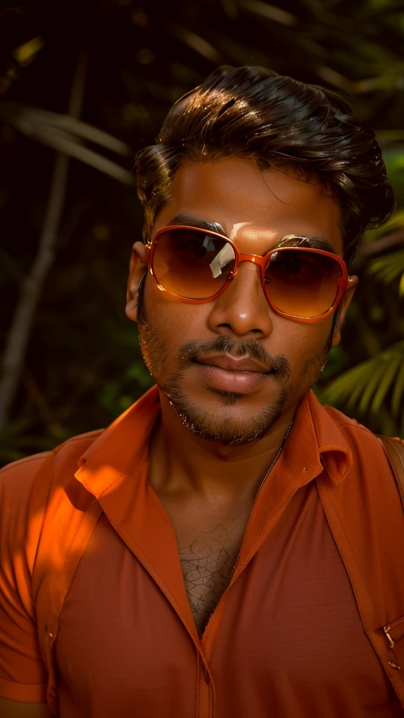 there is a man wearing sunglasses and a backpack posing for a picture, with accurate face, with sunglass, jayison devadas style, jayison devadas, wearing orange sunglasses, portait photo profile picture, profile picture, with lovely look, profile pic, with sunglasses, harsh good looking face, ayan nag, very very low quality picture background foggy forest