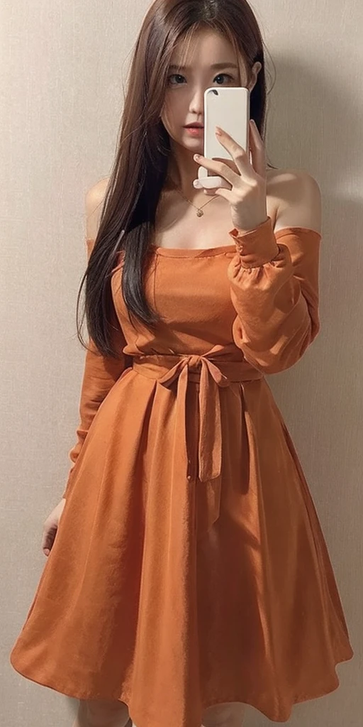 1girl, orange hair, red eyes, dress, (solo:1.3),  (selfie:1.4).