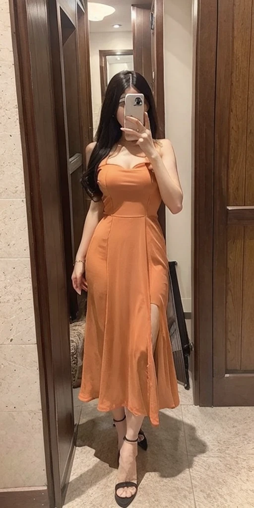 1girl, orange hair, red eyes, dress, (solo:1.3), (selfie:1.4).