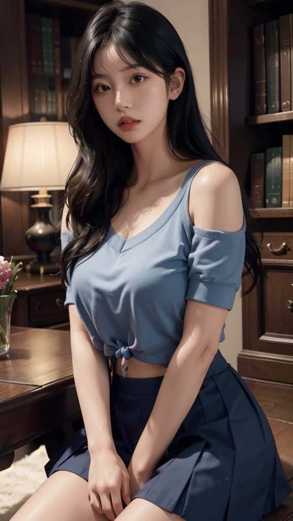 1girl,solo,(lshort-sleeved JK_sailor),JK_style,(dark blue JK_skirt),(bow JK_tie),(Inside the library:1.2),realistic,fully body,black hair,long hair,black eyes,lips,parted lips,collarbone,bare shoulders,portrait,nose,Best quality,masterpiece,ultra high res,(photorealistic:1.4),raw photo,  