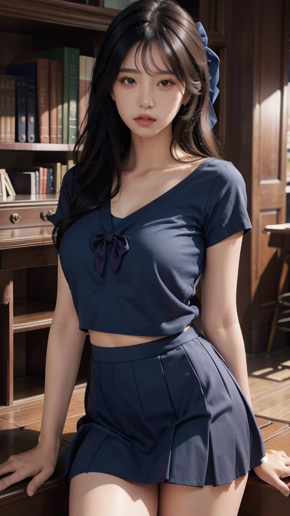 1girl,solo,(lshort-sleeved JK_sailor),JK_style,(dark blue JK_skirt),(bow JK_tie),(Inside the library:1.2),realistic,fully body,black hair,long hair,black eyes,lips,parted lips,collarbone,bare shoulders,portrait,nose,Best quality,masterpiece,ultra high res,(photorealistic:1.4),raw photo,