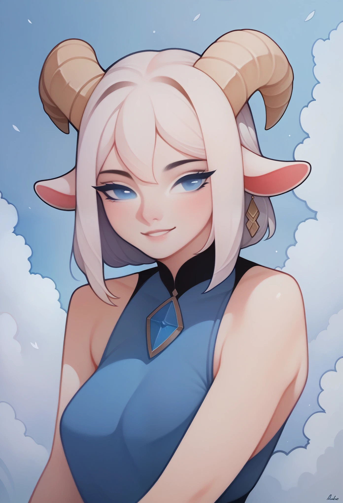 solo, 1girl, white hair, blue eyes, goat horns, 
sitting, looking at viewer, light smile, upper body, 
masterpiece, best quality, very aesthetic, absurdres, wlsdnjs950, 
