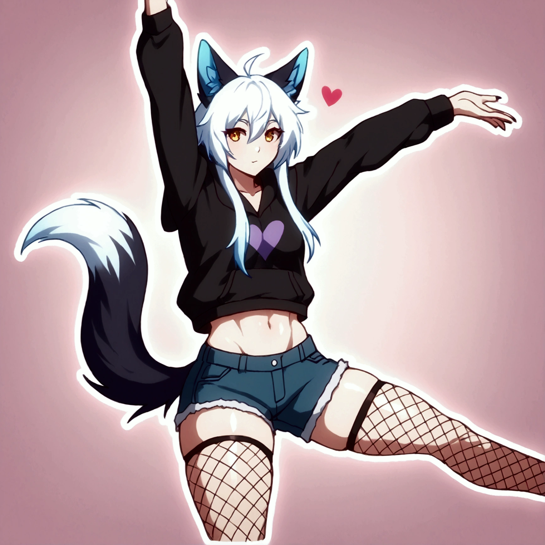 a cute adult male with wolf ears, long white hair, long locks, has a wolf tail, wearing a loose cropped black hoodie, wearing a pair of denim short shorts and fishnet stockings, thick thighs, wide hips, relaxing on mound of fluffy multi colored plushies, short, very slim, showing slender tummy, heart on hoodie, squishy thighs, has glowing blue eyes. alone, solo (ALONE)(SOLO), surrounded by rainbows, colorful galaxy backround, stretching