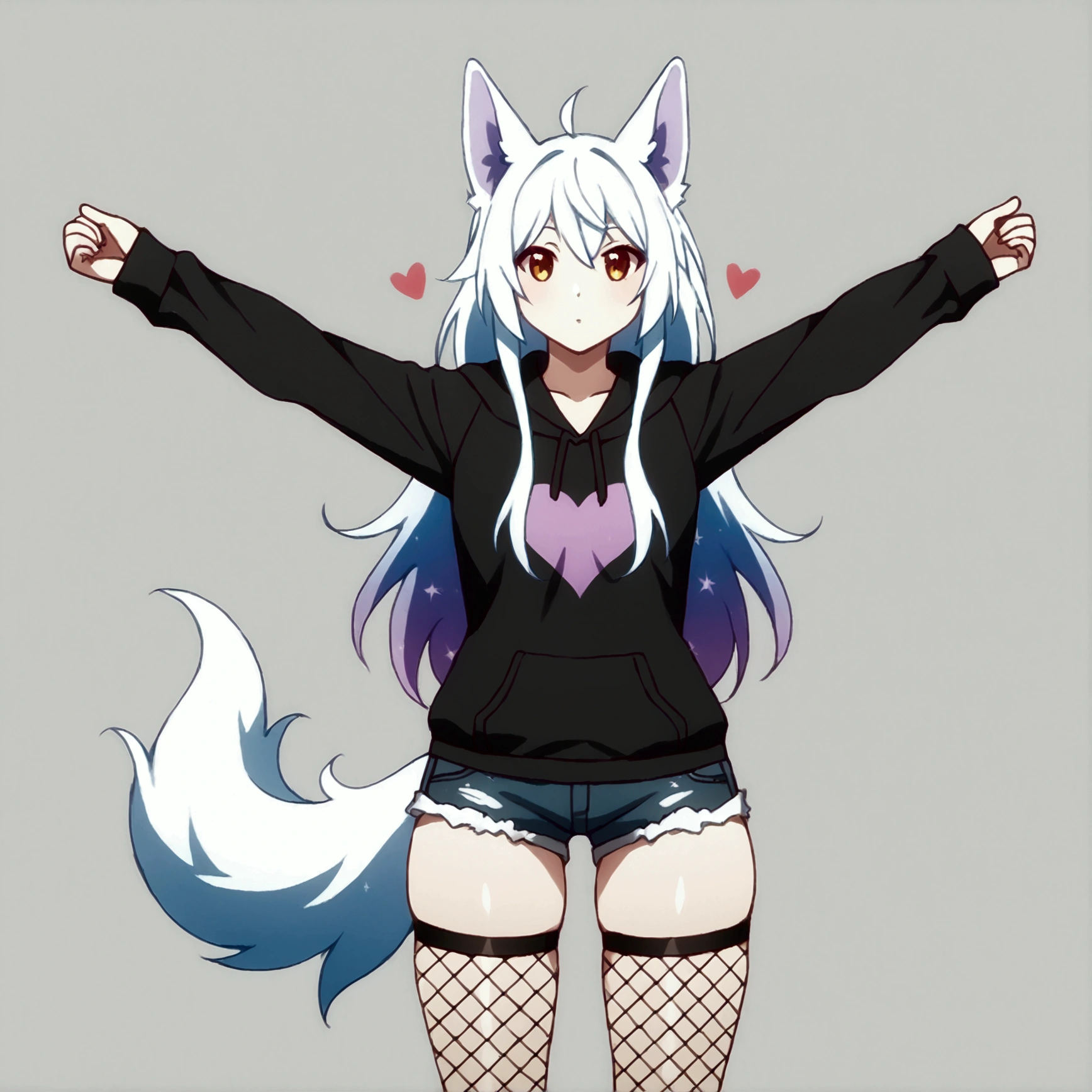 a cute adult male with wolf ears, long white hair, long locks, has a wolf tail, wearing a loose cropped black hoodie, wearing a pair of denim short shorts and fishnet stockings, thick thighs, wide hips, relaxing on mound of fluffy multi colored plushies, short, very slim, showing slender tummy, heart on hoodie, squishy thighs, has glowing blue eyes. alone, solo (ALONE)(SOLO), surrounded by rainbows, colorful galaxy backround, stretching