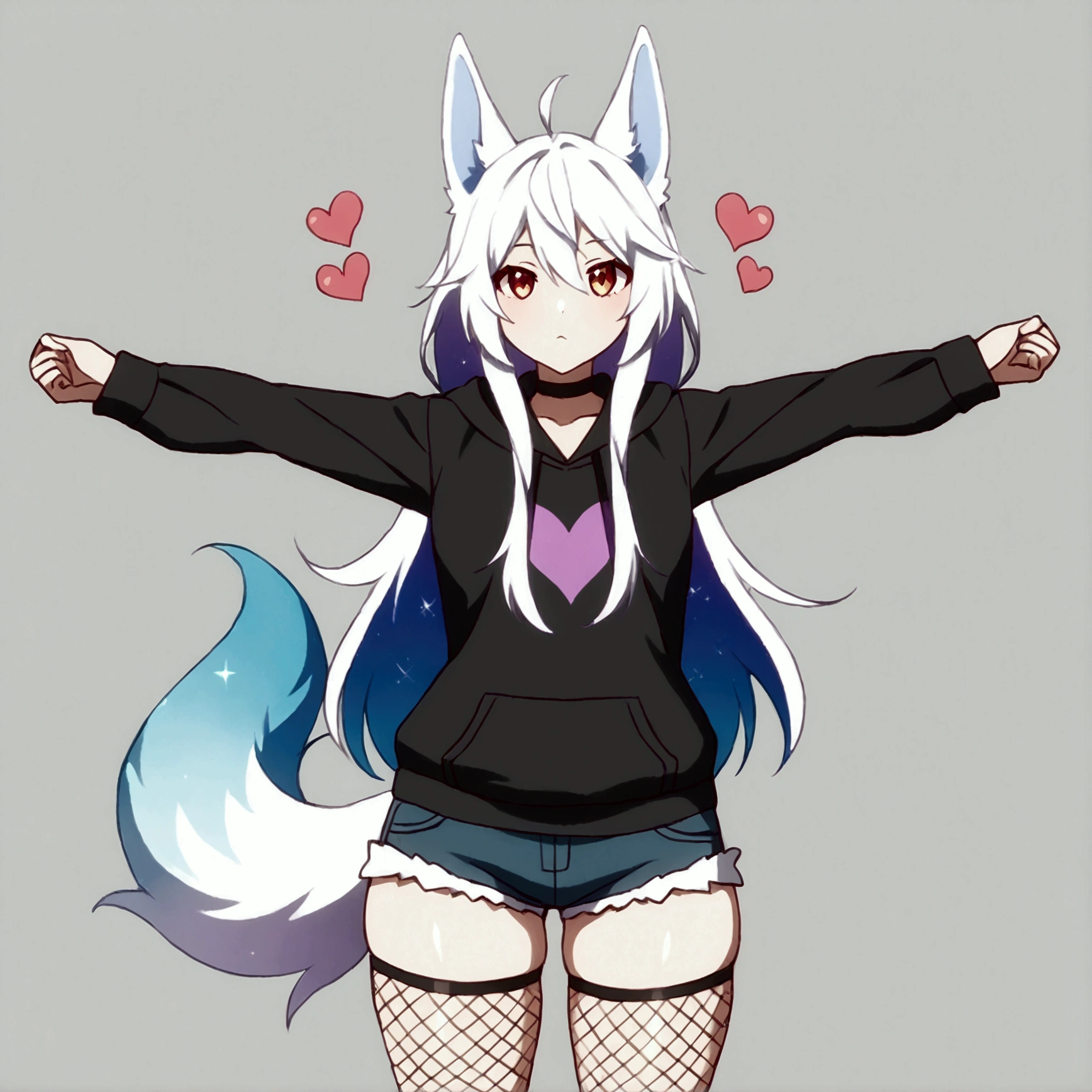 a cute adult male with wolf ears, long white hair, long locks, has a wolf tail, wearing a loose cropped black hoodie, wearing a pair of denim short shorts and fishnet stockings, thick thighs, wide hips, relaxing on mound of fluffy multi colored plushies, short, very slim, showing slender tummy, heart on hoodie, squishy thighs, has glowing blue eyes. alone, solo (ALONE)(SOLO), surrounded by rainbows, colorful galaxy backround, stretching