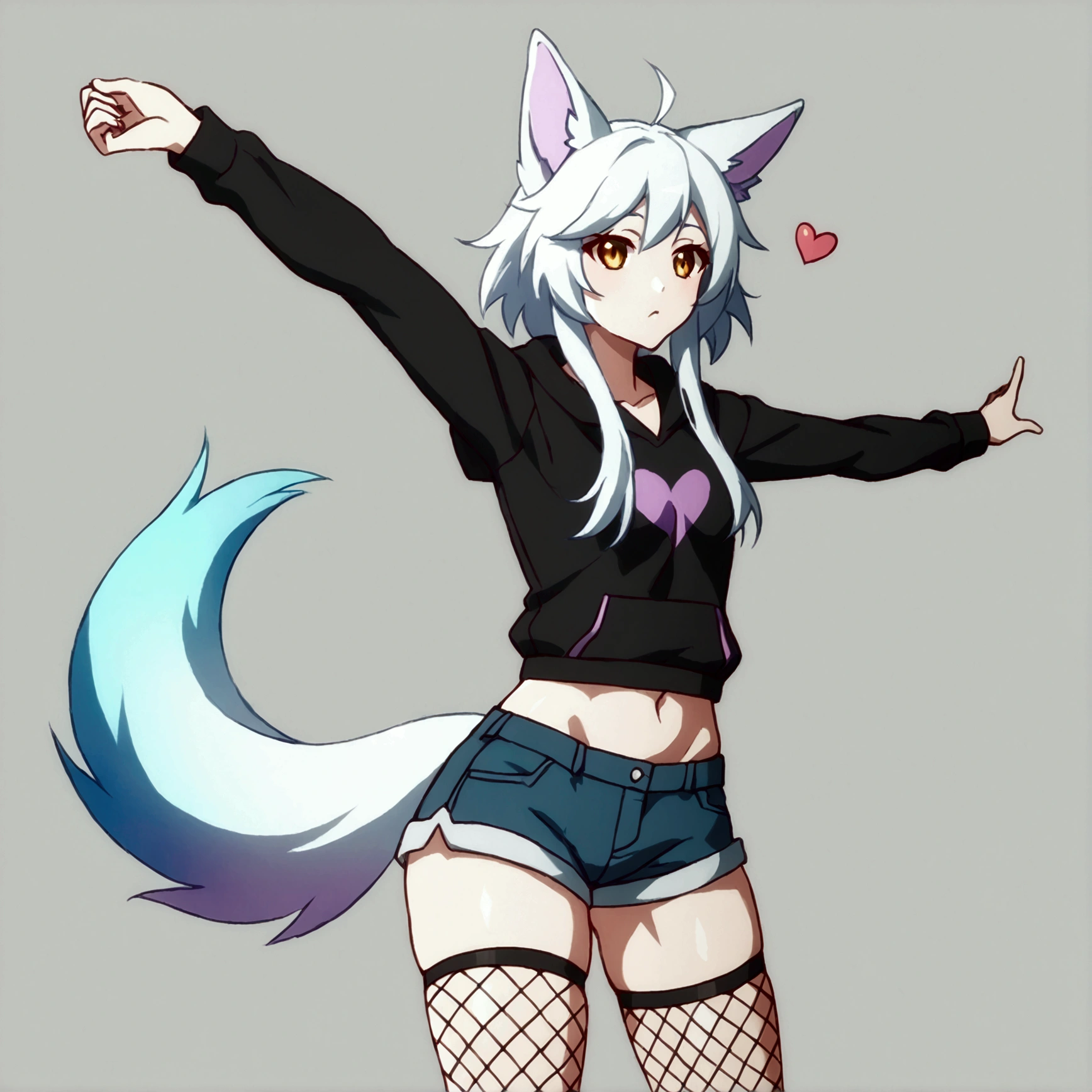 a cute adult male with wolf ears, long white hair, long locks, has a wolf tail, wearing a loose cropped black hoodie, wearing a pair of denim short shorts and fishnet stockings, thick thighs, wide hips, relaxing on mound of fluffy multi colored plushies, short, very slim, showing slender tummy, heart on hoodie, squishy thighs, has glowing blue eyes. alone, solo (ALONE)(SOLO), surrounded by rainbows, colorful galaxy backround, stretching