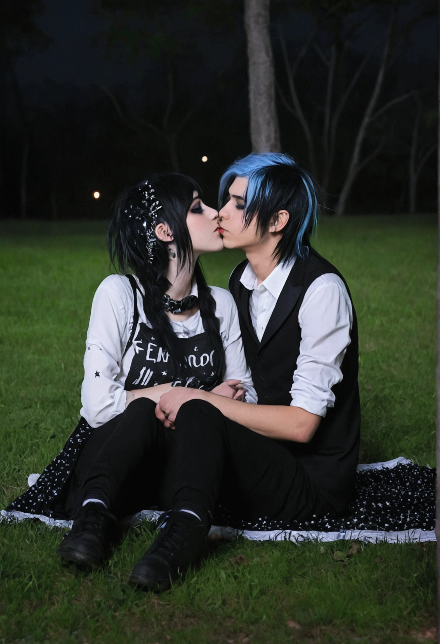 It's night in a forest with starry sky and some trees in the field. It's two people, um casal, um menino de cabelo preto estilo emo, com blusa regata preta, Cabelo meio fechado, alto e forte. E uma  emo com cabelo de franja e roxo, com pinging nos labios, e um estilo de roupa emo. They're both sitting on the lawn, hugging each other, listening to music and in a very romantic mood.