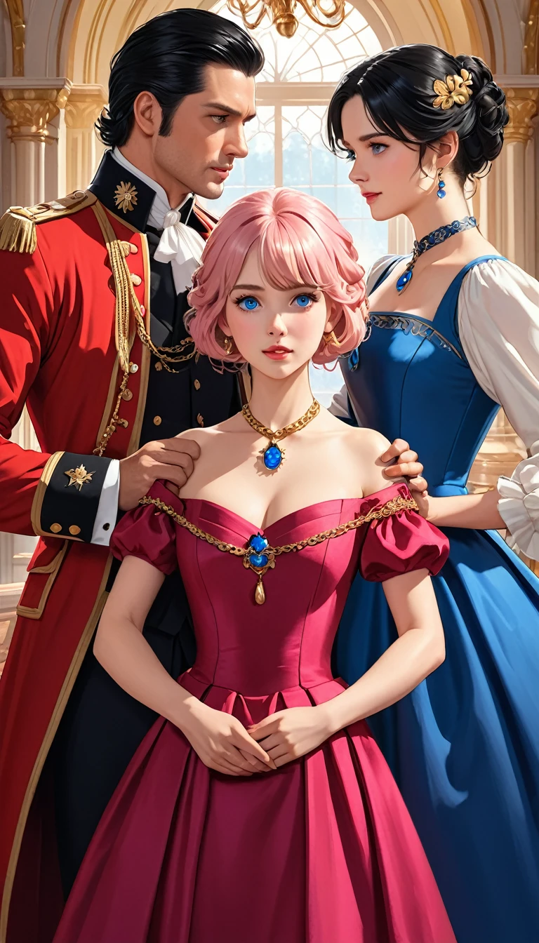 (((masterpiece))),best quality,illustration,4k wallpaper,movie, ((3 people, one woman with short pink hair and a bright blue amulet around her neck with a black and blue sling bag, royal period dress and one man with bright black hair, bright dark blue eyes and one man with bright red eyes and blonde hair. The woman in the middle had her right hand kissed by the black-haired man and the blonde-haired man grabbed the woman's hips))