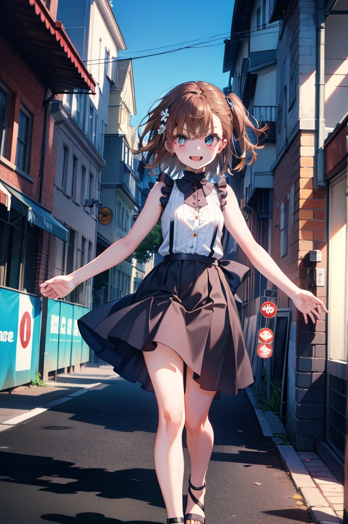 Mycotrose, Brown eyes,Brown Hair,short hair,One side up,Small breasts,Flower Hair Ornaments,happy smile, smile, Open your mouth,Sleeveless dress,Long skirt,Heeled Sandals,Walking,whole bodyがイラストに入るように, break looking at viewer, whole body, break outdoors, Coastal street with buildings, break (masterpiece:1.2), Highest quality, High resolution, unity 8k wallpaper, (shape:0.8), (Beautiful and beautiful eyes:1.6), Highly detailed face, Perfect lighting, Extremely detailed CG, (Perfect hands, Perfect Anatomy),