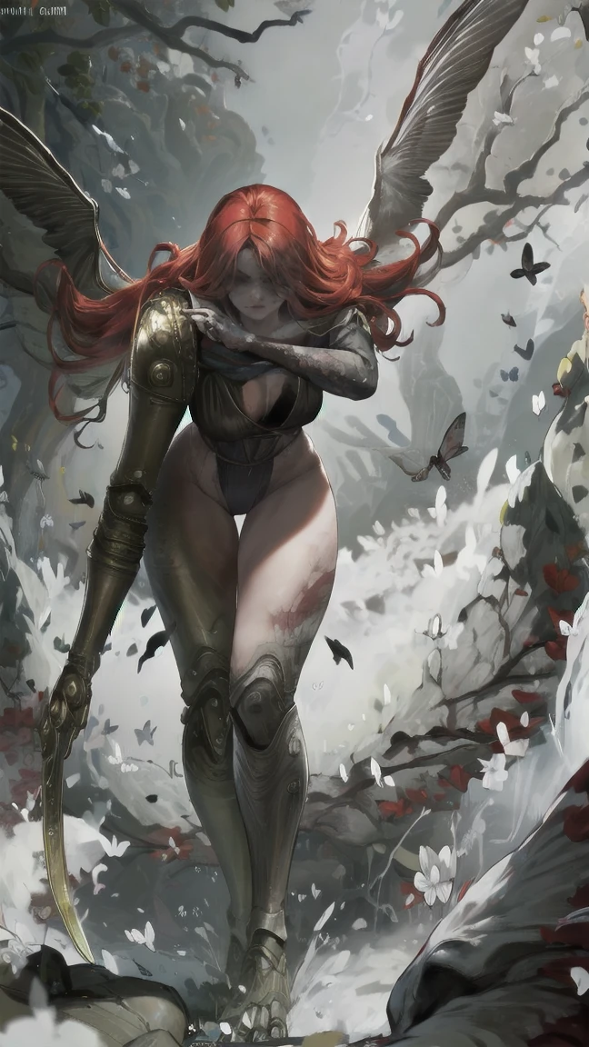 1 girl, ultra sharp image, portrait of a girl, Gothic style, fantasy, beautiful figure, beautiful, full length (full body 1.1.), battlefield, swords stuck into the ground in the background, Red sunset, slender legs, buttocks, slender legs, Wasp waist, sexy, fighting pose, fighting stance, only,helmet,light-skinned Женский, One, long curved sword in hand