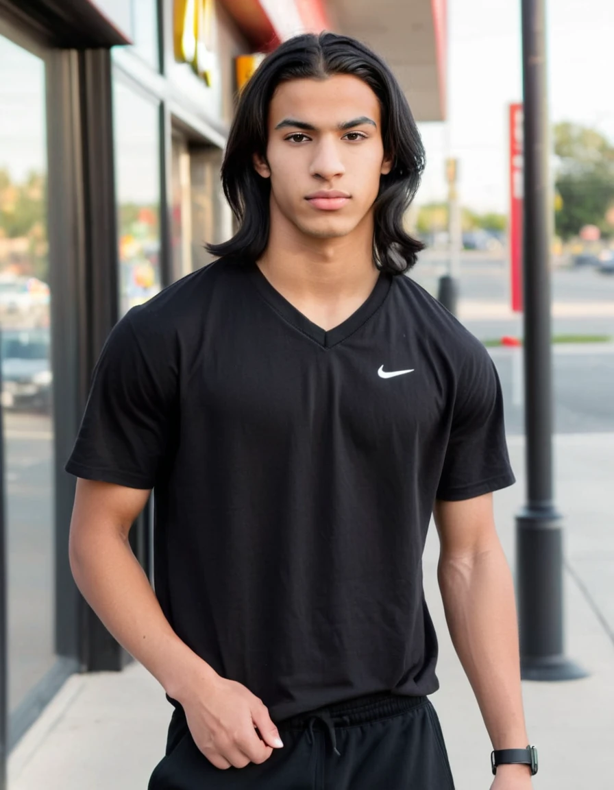 16 year old middle eastern male with shoulder length black long black hair, tan skin, black v-neck tshirt, black long joggers, white nike air force shoes, muscular build, holding, outside of Mcdonalds, thin eyebrows, looking at the camera