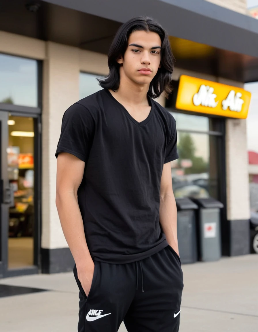 16 year old middle eastern male with shoulder length black long black hair, tan skin, black v-neck tshirt, black long joggers, white nike air force shoes, muscular build, holding, outside of Mcdonalds, thin eyebrows, looking at the camera