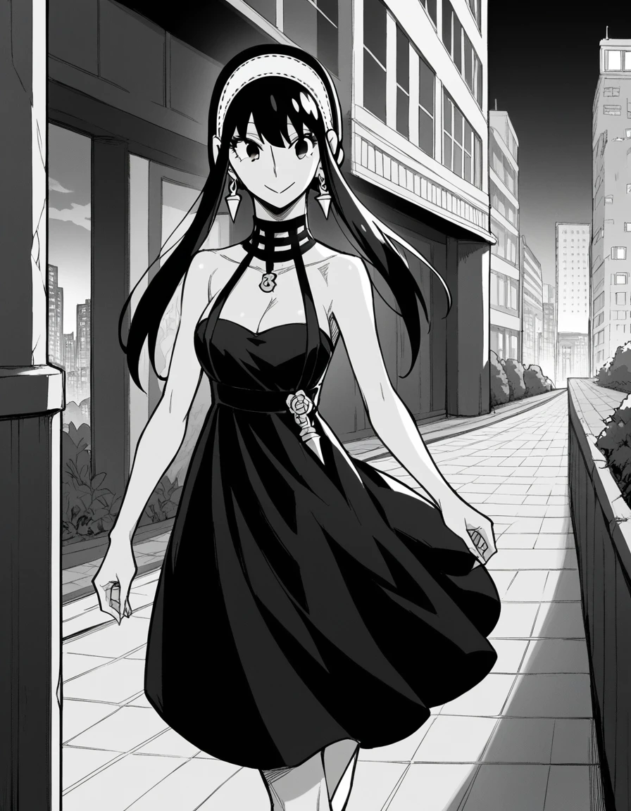 score_9, score_8_superior, score_7_superior, sauce_anime,
Yorbraia, Yor Briar, Black Hair, Earrings, white hair band, hair band, Long Hair, Side Lock, Monochrome, grayscale,
dress, Cleavage, Exposing shoulders, jewelry, clavicle, No sleeve, black dress, Halter neck, head band, white head band,
Outdoor, Cityscape, night, smile,walking
,