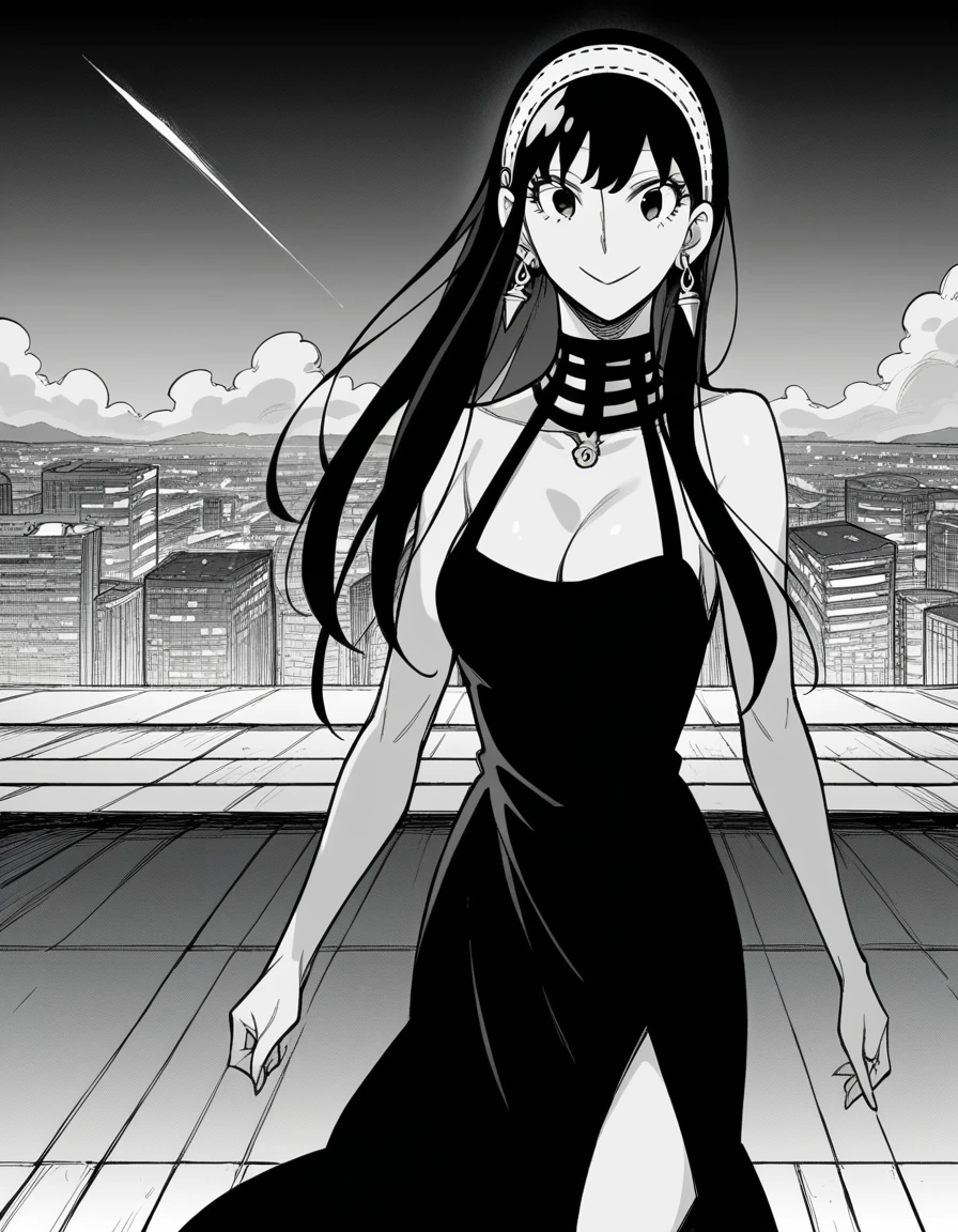score_9, score_8_superior, score_7_superior, sauce_anime,
Yorbraia, Yor Briar, Black Hair, Earrings, white hair band, hair band, Long Hair, Side Lock, Monochrome, grayscale,
dress, Cleavage, Exposing shoulders, jewelry, clavicle, No sleeve, black dress, Halter neck, head band, white head band,
Outdoor, Cityscape, night, smile,walking
,