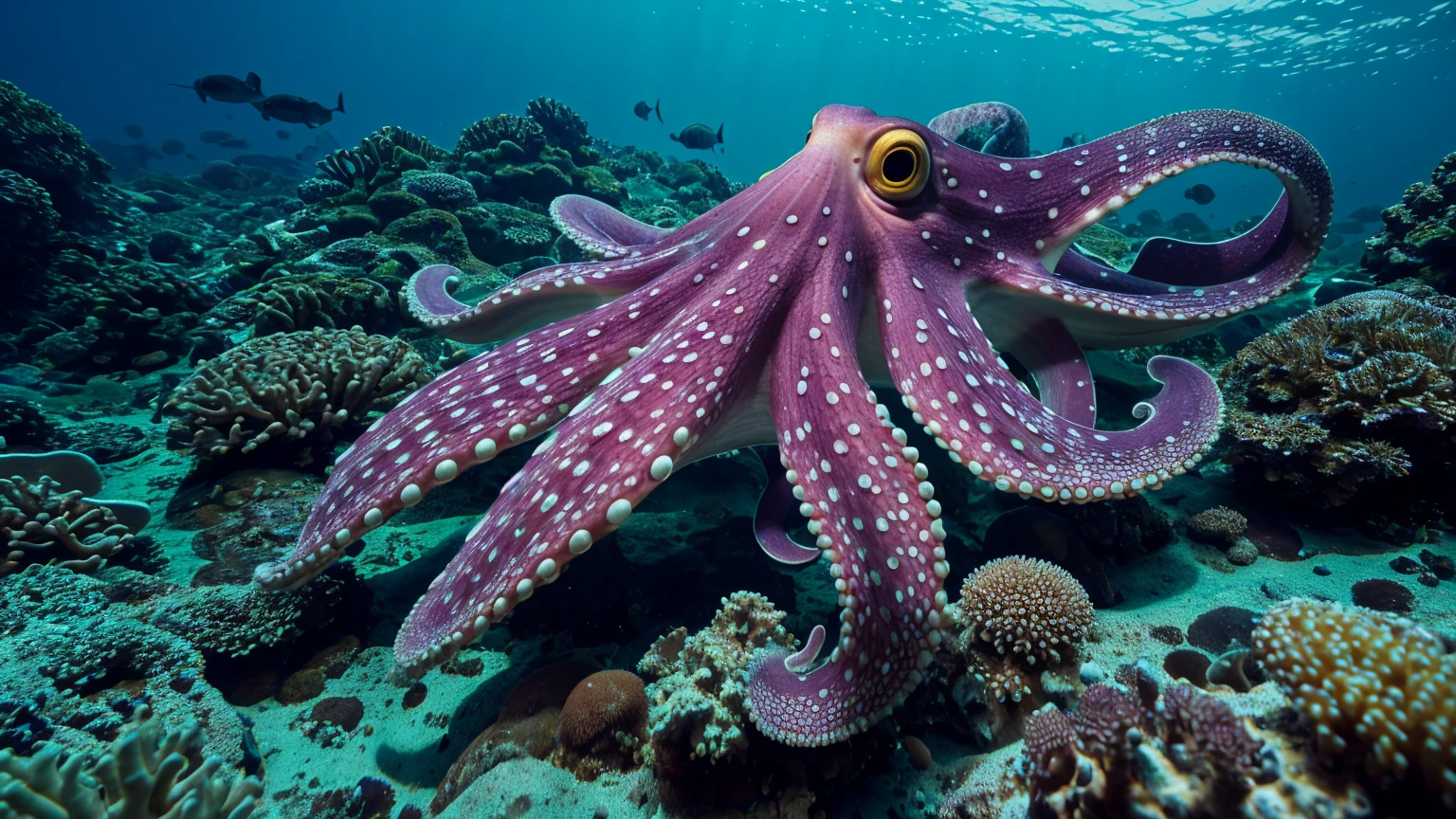 "A detailed underwater image of an octopus displaying its camouflage capabilities. Focus on the octopus’s skin, showing cells changing color and texture. Use a split-screen effect to show the octopus in two different states: one where it is blending into a rocky surface and another where it has transformed its appearance to mimic a lionfish. Highlight the complex textures and colors of the chromatophores, iridophores, and leucophores in a visually engaging way.",UHD, anatomically correct, accurate, super detail, high details, high quality, best quality, highres, 4K, 8k