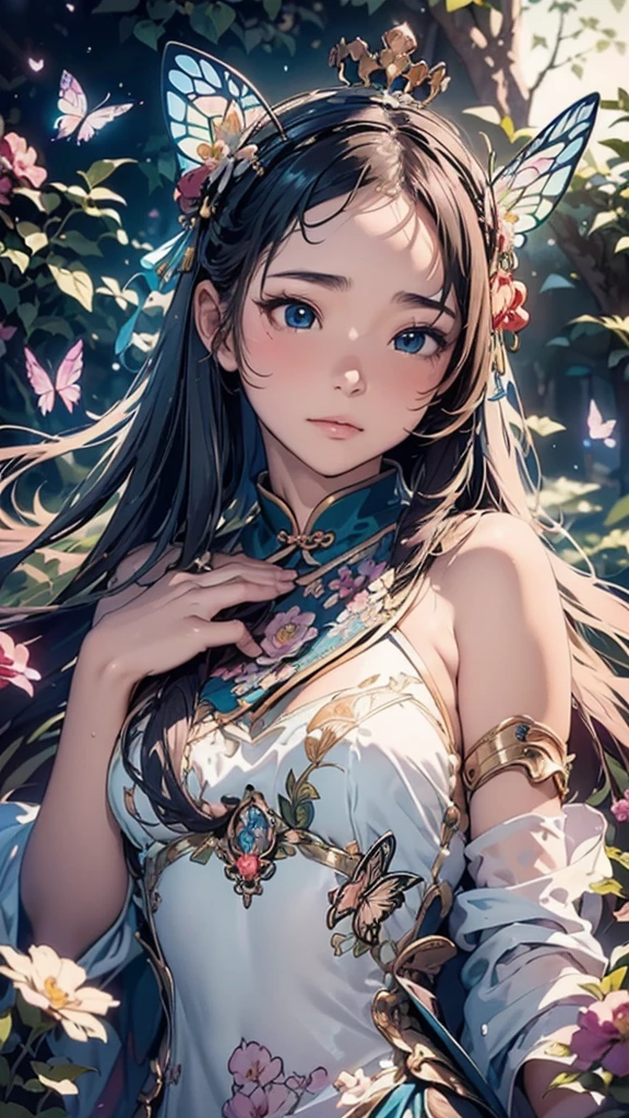 (masterpiece、highest quality、highest quality、Official Art、Beautiful and beautiful:1.2)、(One Girl:1.3)Hatsune Miku、Twin tails,Beautiful breasts,(((masterpiece))), ((Best Quality, Ultra-fine illustrations, Beautiful and delicate water)),Depth of written boundary, Amazing 8K CG wallpaper, ( Delicate Light), ((Cinema Lighting)),(Portraiture),Portrait Lens,(((Alphonse Mucha))),((Fantasy Style)),((Shine)),(((Tarot Cards)))
(Young girl),(((China_China dress))),(Delicate eyelashes),((Cute anime face)),(Very delicate and beautiful),(hair_flower),(gem),(crystallization),((colored inner long hair)),(Multicolor),(Beautifully detailed face ),((( detailed long hair ))),floating long hair,gradient hair,(race),(ribbon),((Crown)),(Detailed cloth)
((butterfly)),(detailed butterfly) ,(Multicolor butterfly),
(neon palette),((detailed flowers)) ,((Multicolor flowers)),(flowers_Surrounded),(butterfly_Surrounded)(((Fill the screenflowerが咲く))),((Fill the screen))