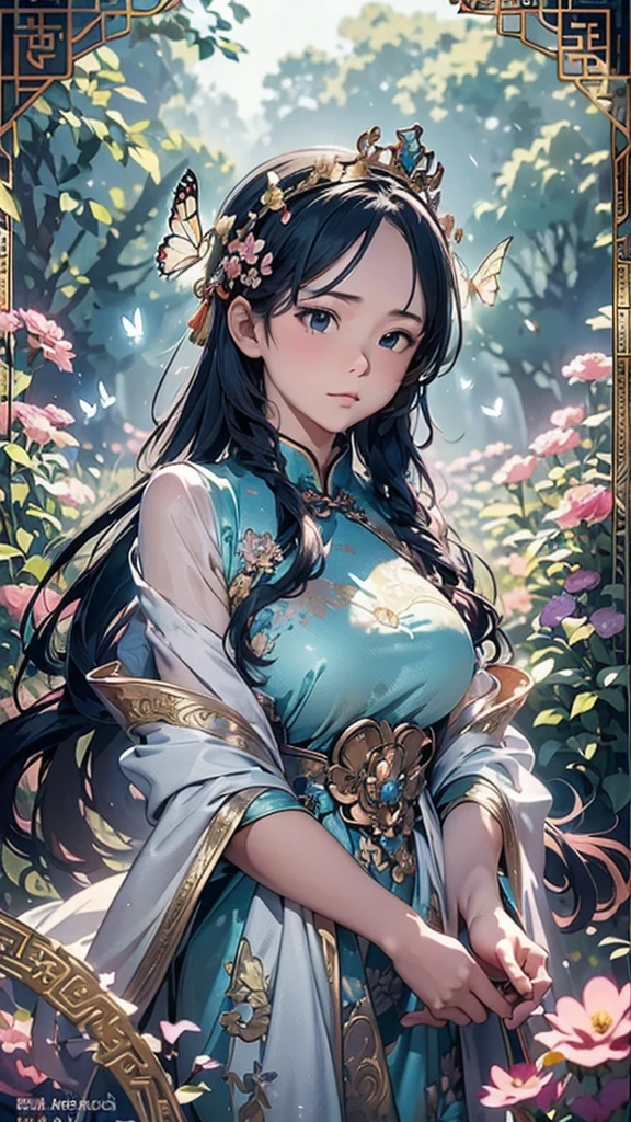(masterpiece、highest quality、highest quality、Official Art、Beautiful and beautiful:1.2)、(One Girl:1.3)Hatsune Miku、Twin tails,Beautiful breasts,(((masterpiece))), ((Best Quality, Ultra-fine illustrations, Beautiful and delicate water)),Depth of written boundary, Amazing 8K CG wallpaper, ( Delicate Light), ((Cinema Lighting)),(Portraiture),Portrait Lens,(((Alphonse Mucha))),((Fantasy Style)),((Shine)),(((Tarot Cards)))
(Young girl),(((China_China dress))),(Delicate eyelashes),((Cute anime face)),(Very delicate and beautiful),(hair_flower),(gem),(crystallization),((colored inner long hair)),(Multicolor),(Beautifully detailed face ),((( detailed long hair ))),floating long hair,gradient hair,(race),(ribbon),((Crown)),(Detailed cloth)
((butterfly)),(detailed butterfly) ,(Multicolor butterfly),
(neon palette),((detailed flowers)) ,((Multicolor flowers)),(flowers_Surrounded),(butterfly_Surrounded)(((Fill the screenflowerが咲く))),((Fill the screen))