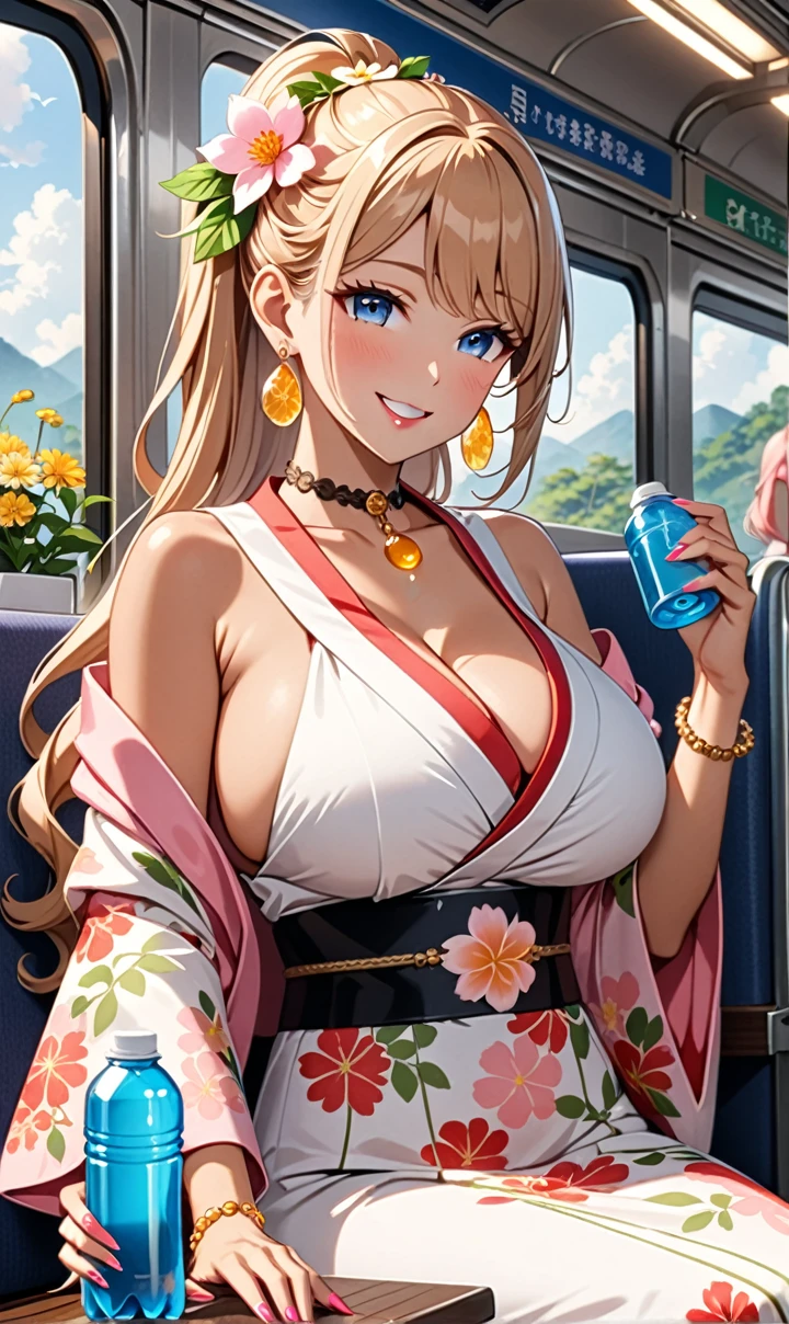 ultra-detailed, ((one girl)),  (tan skin:1.4), in pastel colors gyaru, (heavy makeup), (professional lighting) hyper detailed, absurdres, 8k, Beautiful Face, (Laugh shyly), ((teasing smile:1.6)), ((happy smile:1.5)),  ((Wink:1.6)), (Laugh with your mouth wide open),((Tilt your face:1.6)), View your viewers, ((Bright red cheeks:1.6)),Glossy shocking pink lips, ((huge breasts:1.6)),  ((undressing)), noon, summer, on the train, Anime style background)),masterpiece, Highest quality, (Brighten your face), so beautiful,Latest, Complex details, ((fluorescent pink long nail:1.2)), (ring),(bracelet), (Floral choker),AI-generated, Complex,High resolution, Highest quality, super high quality,3D Images、3D Images,One person, ((honey blond long hair), (High Ponytail), (wavy hair:1.4), Anime woman posing for a photo, ((Fine grain、blue eyes、glowing eyes:1.3)), (Squint your eyes:1.1),a hyperRealistic , hyperRealistic , Realistic,Anime woman with long honey blonde hair, Smooth anime CG art, A girl in a gorgeous pastel-colored kimono, ((Pastel-colored furisode)),(Pink large floral pattern),  (sideboob), Long flower hair ornament,Big earrings, Mature Body, tall,Narrow waist, portrait, (Sit in your seat), (learning forward:1.3), (Drinking tea from plastic bottles),