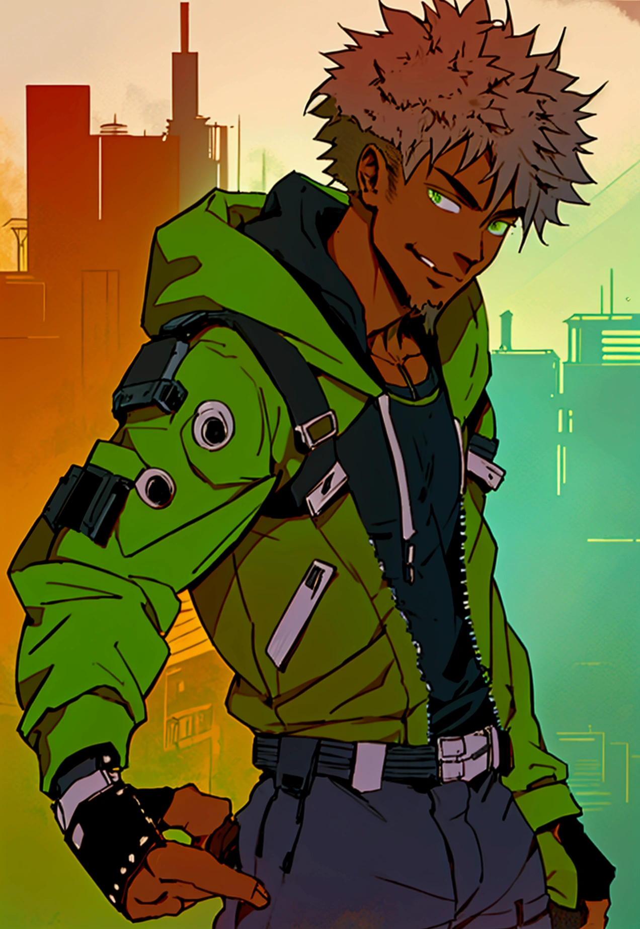 (front focus), Post Apocalypse background, Anime - style illustration of a young adult male wearing an oversize green tank top with black hoodie and chained belts around his waist, "(best quality,ultra-detailed),detailed right hand,(Fingerless Glove,Gloved hands), | | |, male anime character, City background, Sunset gradient background, Faded haircut, Black teenager, Young African-American man, smiling, goatee, afro hair