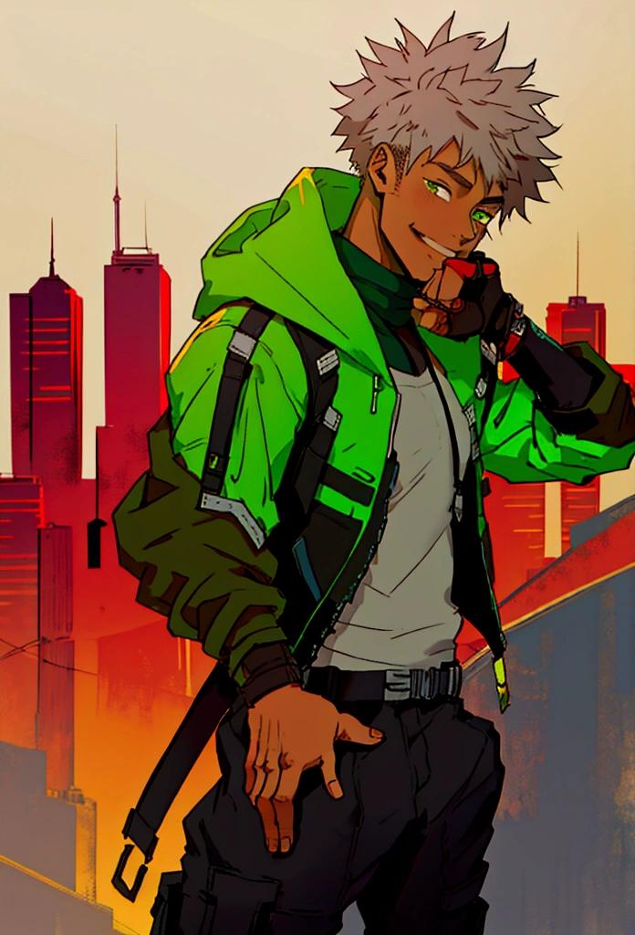 (front focus), Post Apocalypse background, Anime - style illustration of a young adult male wearing an oversize green tank top with black hoodie and chained belts around his waist, "(best quality,ultra-detailed),detailed right hand,(Fingerless Glove,Gloved hands), | | |, male anime character, City background, Sunset gradient background, Faded haircut, Black teenager, Young African-American man, smiling, goatee, afro hair