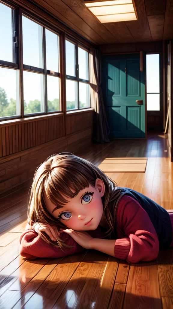 Wooden school building corridor、Lying Girl