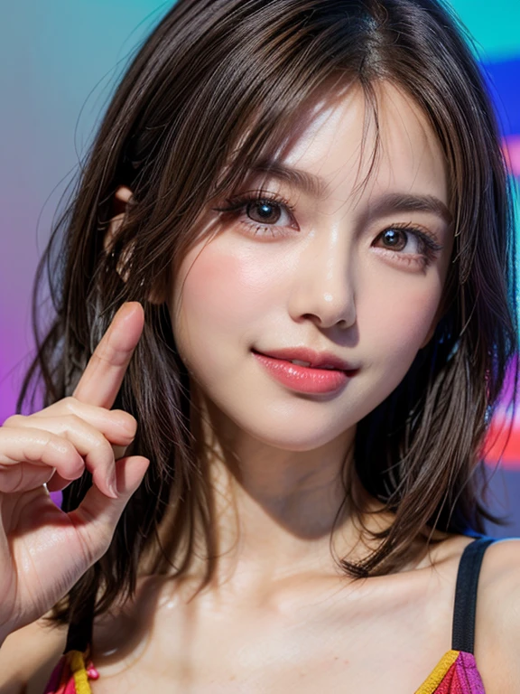 ((anatomically correct, There are five fingers, Raise own index finger:1.2, Place index finger on lips:1.2, Gesture of kissing own index finger, Kissing gesture, Poke out lips, Laugh mischievously, A slight smile)), (masterpiece:1.2, Highest quality), (Beautiful, detailed eyes:1.2, Beautiful skin, Beautiful hair, Beautiful eyes, seductive eyes:1.2), ((Woman)), ((Asymmetrical short hair)), (Highly detailed CG, Super detailed, Best Shadow:1.1), ((Depth of written boundary:1.1)), (Detailed eyes and face:1.3), ((watercolor)), beautiful concept figure, (figure:1.1), (Perfect detail:1.1), looking at viewer, Good posture and dignity, From the neck up, natural soft lighting, evening sunset, Highlights in the eyes, Very perfect and beautiful face, close up shot, glossy lips, Bare shoulders, (vibrant colors, vivid colors background:1.2),