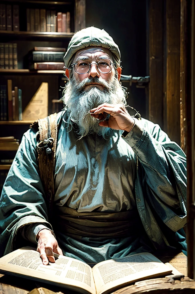 An oldery man Hermit have white bearded sage, wearing vintage round eyeglass, white ascetic outfit, sitting on the wooden chair, reading an old big book in his hands, in an ancient library, optimistic, adventurous, cinematic lighting, dramatic skies, detailed facial features, detailed clothing, depth of field, photorealistic, highly detailed, 8k, masterpiece