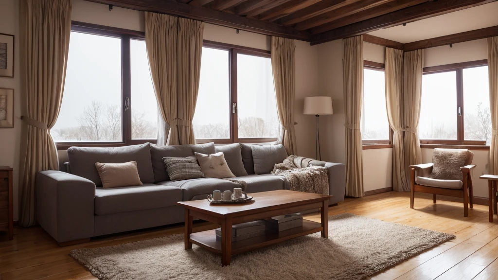 Curtains stored away、Living room in winter with curtains closed for insulation、Warmth、Beautiful interior、High quality、4K