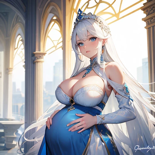  pregnant queen, white hair, blue eyes, ornate light blue dress (white details), cleavage 