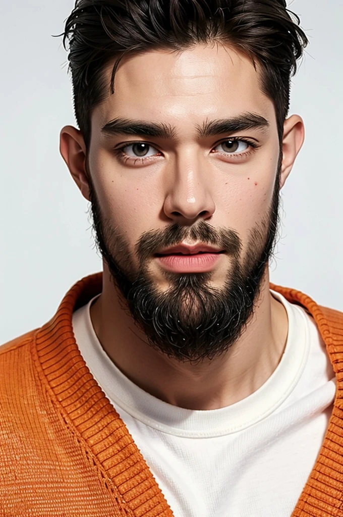 handsome male,beard,upper body portrait,orange sweater,white background,
