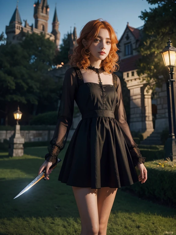 15 year old girl, Lovely, orange hair, very short, Very curly, slim, flat bust, with freckles on the face, with slavic features, with long sleeve black dress, whole body, shows her legs, in the castle garden, at night, holding a sword in his hand