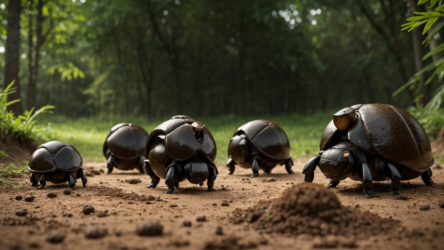 "A close-up image of various dung beetles engaged in different activities with dung. Show a dung beetle rolling a ball of dung, another digging a tunnel beneath a dung pile, and a third living inside the dung. The background should be a natural setting like a forest floor or savannah to provide context. Emphasize the different methods of dung handling and the diverse roles these beetles play in their ecosystem.", UHD, anatomically correct, accurate, super detail, high details, high quality, best quality, highres, 4K, 8k
