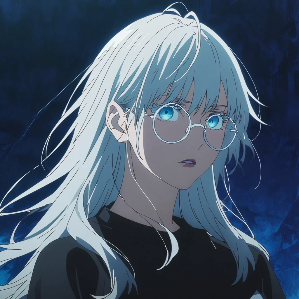 1girl, female gojo satoru, anime screencap from jujutsu kaisen, gojo satoru female version, solo, long_hair, round_eyewear, glasses, blue_eyes, parted_lips, looking_at_viewer, white_hair, bangs, eyelashes, face portrait, blue_background, black_shirt, shirt, hair_between_eyes, upper_body, floating hair, messy hair