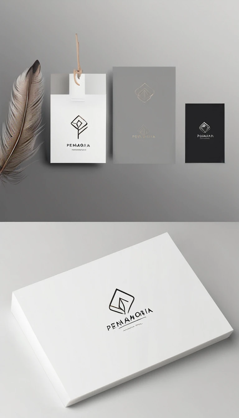 A minimal, modern, simple, cinematic logo design for the brand “Penamemoria". Create a modern, minimalistic, high-quality, white logo of a simple, fantastic, hipnotic, dreamy, artistic feather that symbolizes dreams, stories and memories