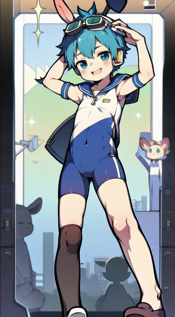 2D Shonen Shota，One-piece suit，Slim, healthy body，Put the headphones on your head，stand up，goggles，Rabbit ears，Happy，Sailor collar，stocking，charming，Akimbo