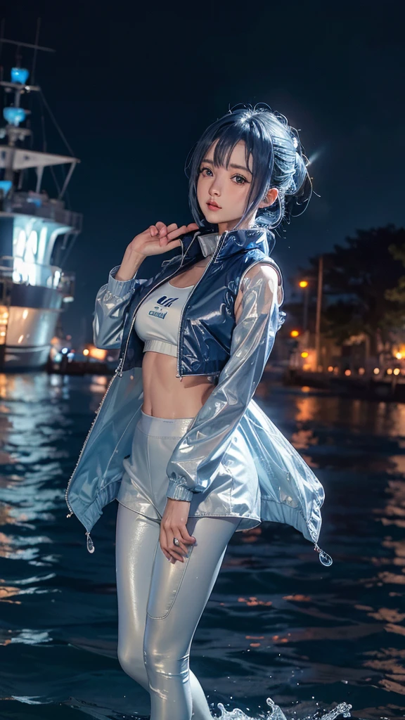 source anime,pose,shiny oild wet skin,pose,
1girl,(blue and white  cropped_puffer_vest jacket),[red | blue] hair,fully dressed,leggings  dramatic lighting,blushing,after a long day of work,at night,dark,on yacht,scene,