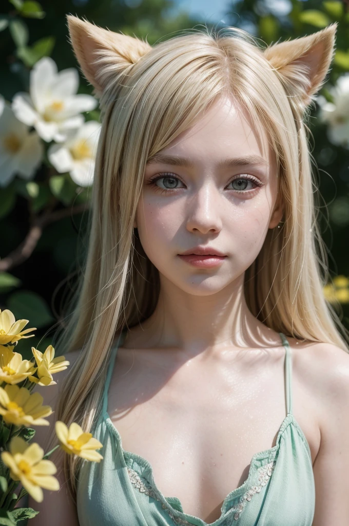 1 girl, animal ears, pale blonde hair, ash blonde hair, minty green dress, yellow flowers, mint green flowers, white flowers, blossoms, cute, fun pose, (best quality,4k,8k,highres,masterpiece:1.2),ultra-detailed,(realistic,photorealistic,photo-realistic:1.37),HDR,UHD,studio lighting,ultra-fine painting,sharp focus,physically-based rendering,extreme detail description,professional,vivid colors,bokeh,fantasy,portrait