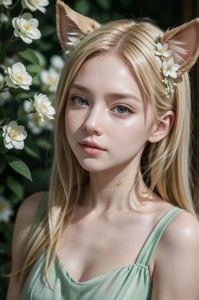 1 girl, animal ears, pale blonde hair, ash blonde hair, minty green dress, yellow flowers, mint green flowers, white flowers, blossoms, cute, fun pose, (best quality,4k,8k,highres,masterpiece:1.2),ultra-detailed,(realistic,photorealistic,photo-realistic:1.37),HDR,UHD,studio lighting,ultra-fine painting,sharp focus,physically-based rendering,extreme detail description,professional,vivid colors,bokeh,fantasy,portrait