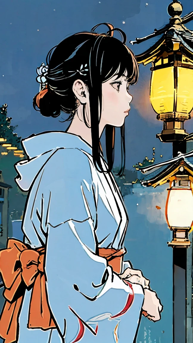 fair、shrine、yukata、Black Hair、profile、Shortcuts、girl、night、Lantern Light、
