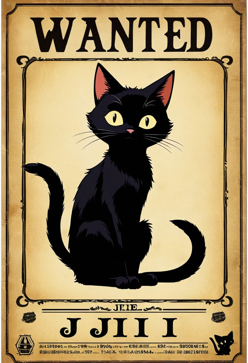 A wanted poster showing Jiji, the black cat from Kiki's Delivery Service. Jiji is illustrated sitting in a mischievous pose. The poster includes a large "WANTED" heading, details about Jiji's appearance and supposed misdeeds, and a reward for information leading to his capture. The poster is aged, with a rustic, old-timey look and slightly torn edges.
