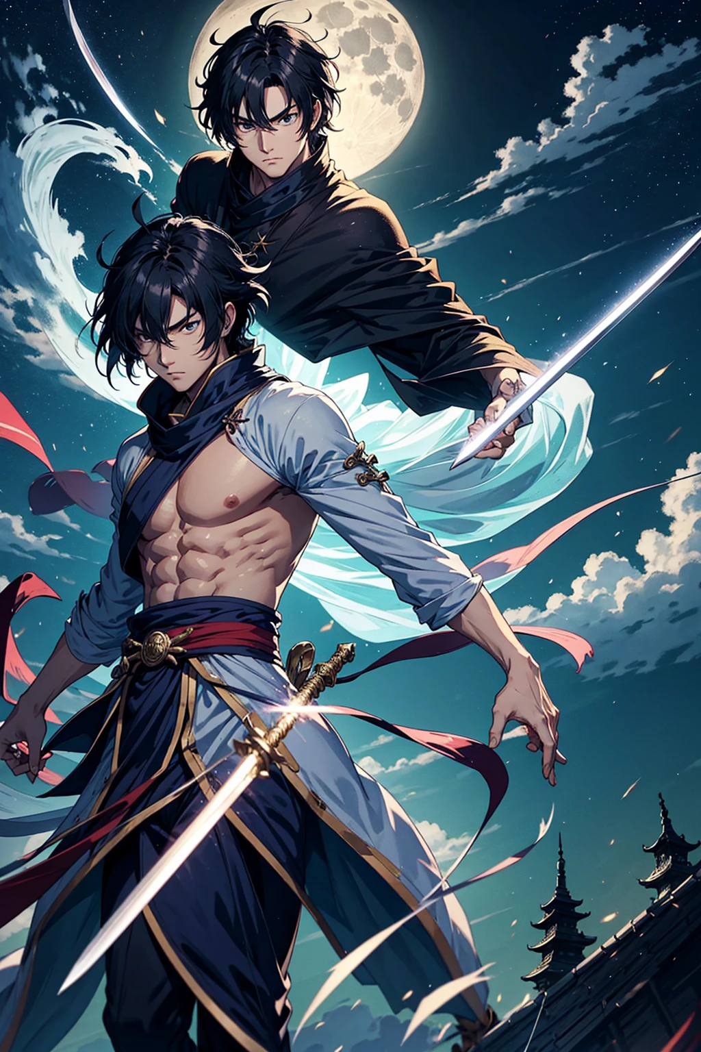 A night with a full moon,a swordsman,is running at full speed