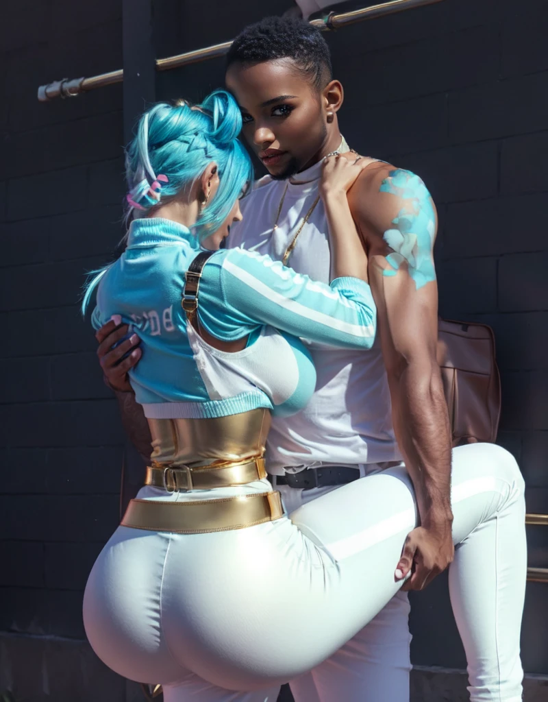 adult french milf woman with cyan blue hair, space bun haircut, gold T-shirt, big naked breast,white trousers, gold belt, hanging on a black Men