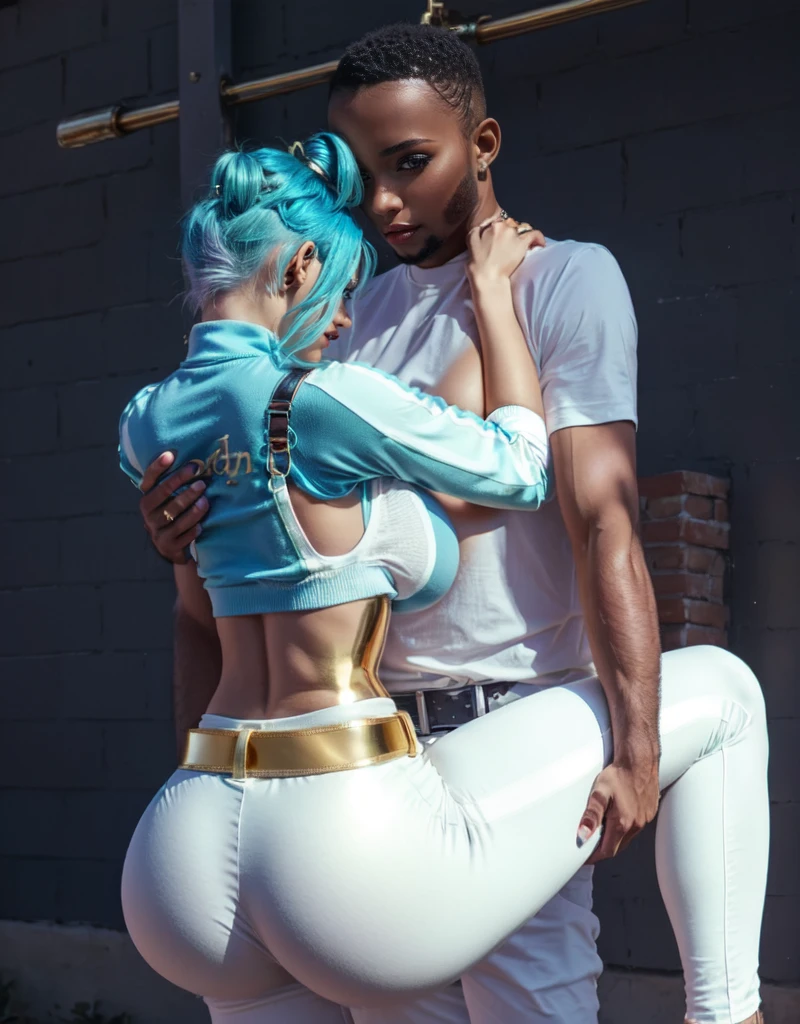 adult french milf woman with cyan blue hair, space bun haircut, gold T-shirt, big naked breast,white trousers, gold belt, hanging on a black Men