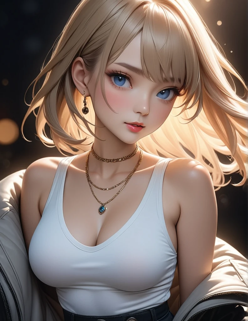 best quality, masterpiece, high resolution, A girl, blonde, Blue eyes, fashion clothing, necklace, jewelry, Pretty Face, Perfect breasts, more than_Body, Tyndall effect, lifelike, Dark Studio, Side lighting, Two-color lighting, (HD Skin:1.2), 8k Ultra HD, Soft Light, high quality, Volumetric Lighting, frank, photography, high resolution, 8k, Bokeh, short depth of field,,