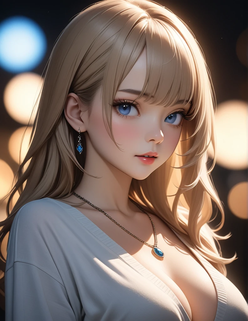 best quality, masterpiece, high resolution, A girl, blonde, Blue eyes, fashion clothing, necklace, jewelry, Pretty Face, Perfect breasts, more than_Body, Tyndall effect, lifelike, Dark Studio, Side lighting, Two-color lighting, (HD Skin:1.2), 8k Ultra HD, Soft Light, high quality, Volumetric Lighting, frank, photography, high resolution, 8k, Bokeh, short depth of field,,