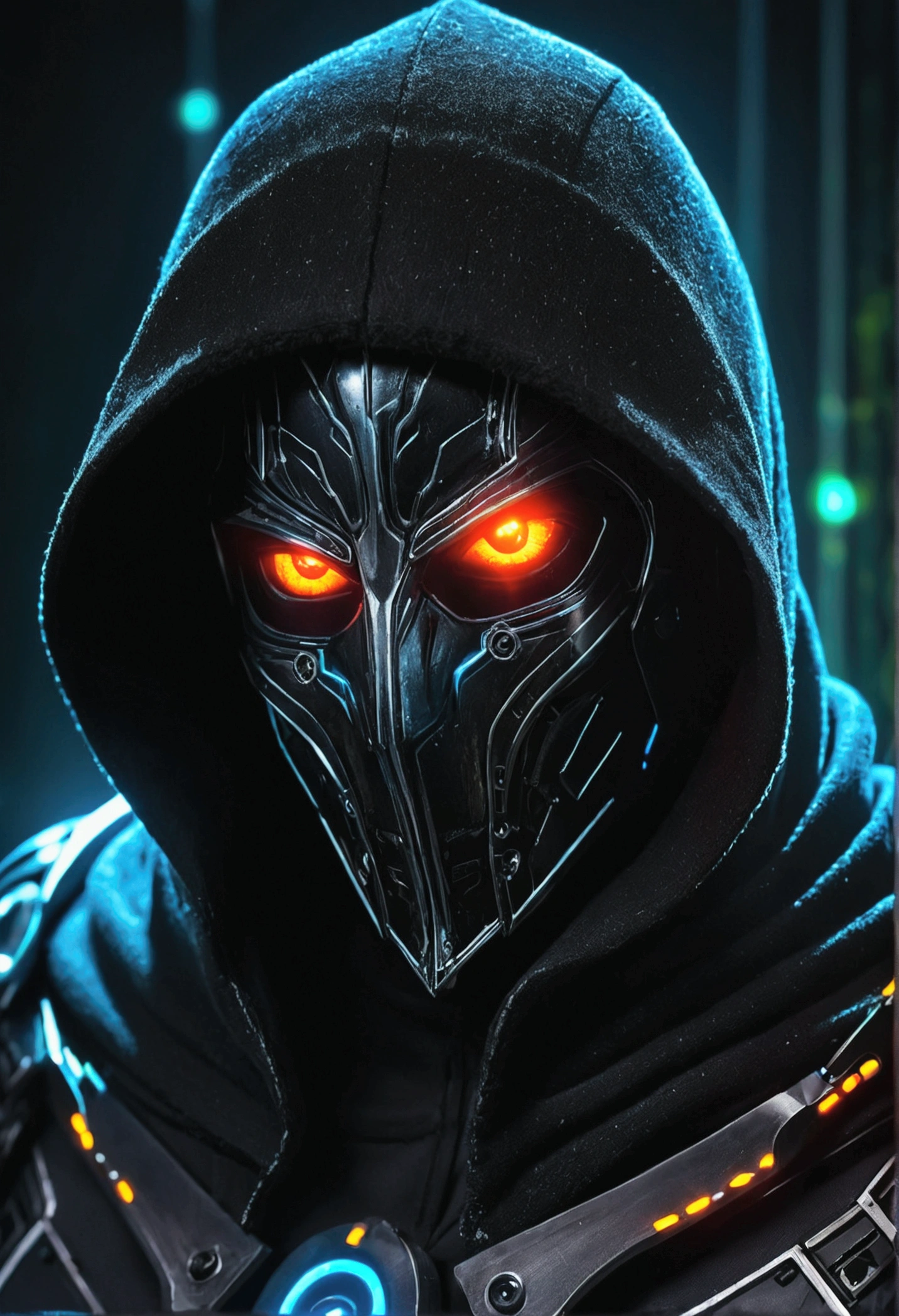 Black Hooded Bionic Cyber Knight, glowing eyes, biology, scary, crawl, nightmarish, Very bright colors, light particles, Comes with night light, Mshiv, wallpaper art, Ultra HD Wallpaper