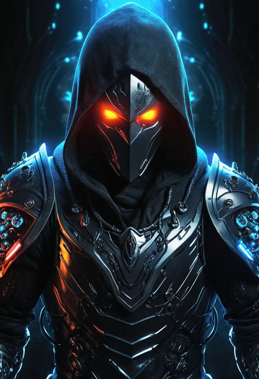 Black Hooded Bionic Cyber Knight, glowing eyes, biology, scary, crawl, nightmarish, Very bright colors, light particles, Comes with night light, Mshiv, wallpaper art, Ultra HD Wallpaper